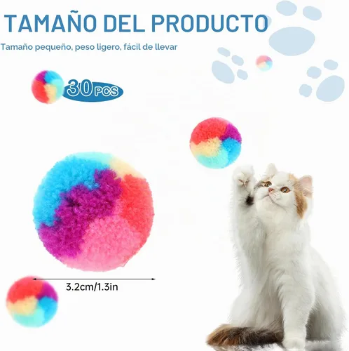 Vista 6 de KALIONE 30 piezas bolas de peluche suave para gatos de 1.2 pulgadas, bolas de juguete arcoíris para gatos, bolas peludas para gatitos, bolas