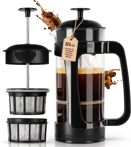 Vista 16 de ESPRO P3 Cafetera de prensa francesa, 17 onzas, negro, prensa de filtro doble micro Grit-Free Coffee Press, Thicker Borosilicate Heat Resistant
