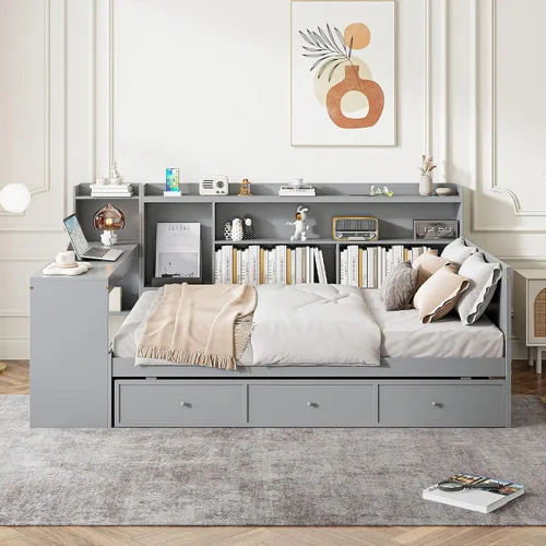 Vista 17 de VilroCaz Cama de sofá de tamaño individual de madera con estantes de almacenamiento y escritorio de estudio, estructura de cama de día Blanco