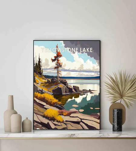 Vista 3 de Yellowstone Lake - Póster impreso artístico, ilustración, arte de pared, decoración de paisaje retro, paisaje, obra de arte para decoración de Lago
