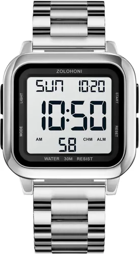 Vista 21 de Reloj digital zolohoni para hombre, relojes de acero inoxidable cuadrados, relojes de pulsera para hombre impermeables de cara grande con hora dual