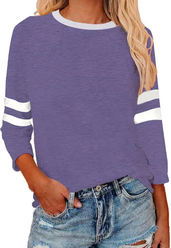 Vista 26 de Camisas de manga 3/4 para mujer, camisetas de verano con cuello redondo, camisetas básicas sueltas de mezcla de algodón para mujer
