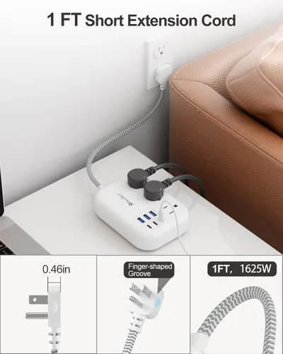 Vista 5 de Beeiker Cable de Extensión Corto de 1 Pie - Tira de Alimentación de 6 USB (3 USB C) para Viajes con Estación de Carga USB de 24W y 3 Tomas, Cable
