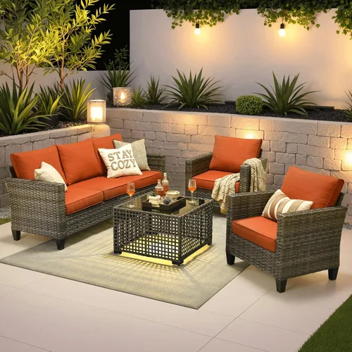 Vista 24 de ovios Juego de muebles de patio de 4 piezas con sofá de exterior, luces solares, mesa, cojines cómodos, sofá de conversación de mimbre de ratán