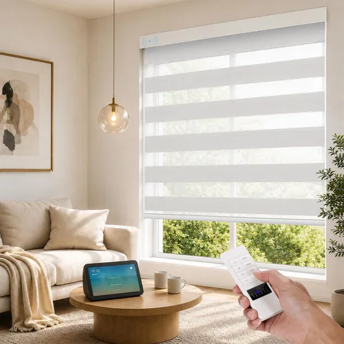 Vista 19 de ACMEART Persianas motorizadas de cebra con control remoto, persianas automáticas de doble capa, persianas eléctricas opacas para oficina del hogar