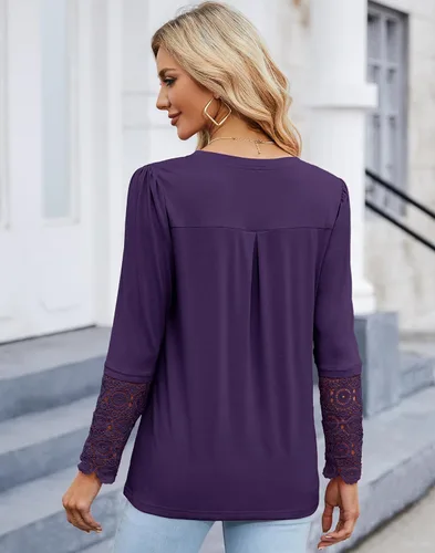 Vista 5 de BLITYA Blusas casuales con cuello en V para mujer, camisas de manga de encaje