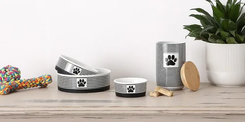Vista 5 de Bone Dry Ceramic Stripe Paw - Cuencos para mascotas, aptos para lavavajillas, pequeños, 4.25 x 2, negro, 2
