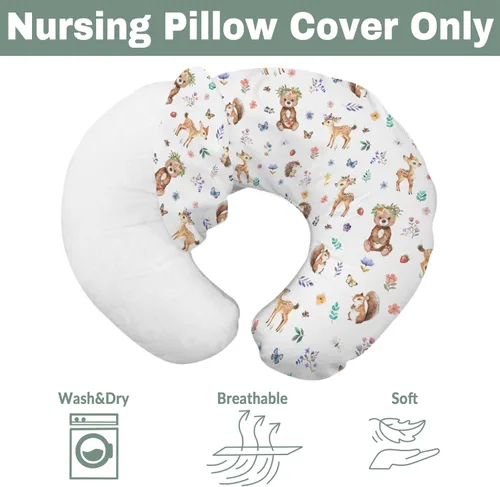Vista 7 de Fundas de almohada de lactancia de animales de acuarela para niños y niñas, osos, conejo, mapache, hojas florales, funda de almohada de lactancia
