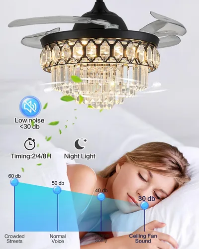 Vista 5 de Ventilador de techo LED de cristal regulable de 42 pulgadas con luces y control remoto, moderno ventilador de iluminación de techo retráctil