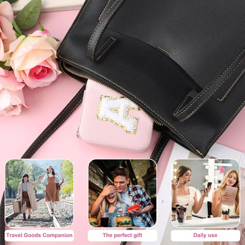 Vista 7 de Joyero de viaje con letra, portátil, mini alfabeto, estuche de viaje de piel sintética, organizador de joyas pequeñas, estuche de viaje rosa