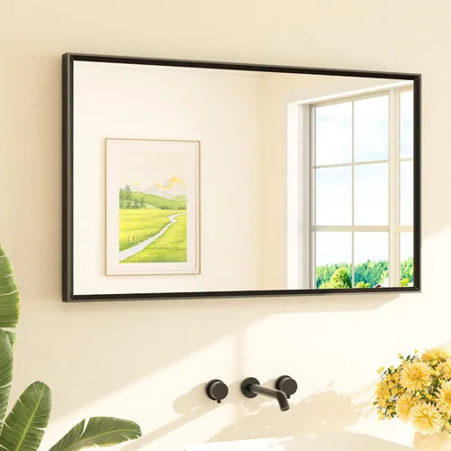Vista 19 de TETOTE Espejo de baño dorado cepillado de 20" x 30", espejo de tocador de baño rectangular de latón dorado cepillado con marco biselado para sobre