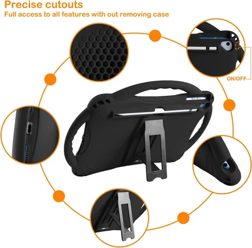Vista 4 de TopEsct Funda infantil para iPad de 10.2 pulgadas, funda de silicona a prueba de golpes con protector de pantalla de vidrio templado y correa, Negro