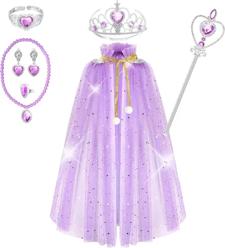 Vista 7 de Fedio Juego de capa de princesa, 7 piezas, capa de princesa con corona de tiara, varita para niñas pequeñas (rosa)