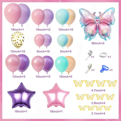 Vista 2 de Kit de guirnalda de arco de globos de mariposa rosa y morado de 163 piezas