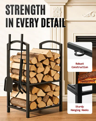 Vista 5 de Breeze Touch Estante de leña de 29 pulgadas con 4 herramientas para chimenea, soporte de troncos resistente de 5 piezas para chimenea