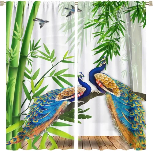 Vista 20 de Cortinas opacas de pavo real, hermoso patrón de estampado de flores de pavo real azul, estampado de mariposas y pavo real, juego de 2 paneles