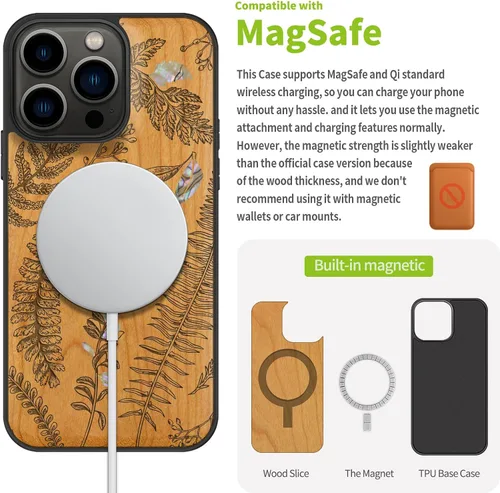 Vista 5 de Carveit Funda protectora de madera de diseñador para iPhone 13 Pro, grabado en madera e incrustaciones de concha, compatible con 13 Pro MagSafe