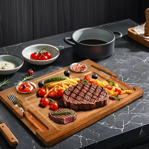 Vista 9 de MAVOTER Tabla de Bistec de Madera de Acacia - Plato de Bistec Tabla de Cortar con Tenedor, Cuchillo y Ramequines Tabla de Servir de Madera