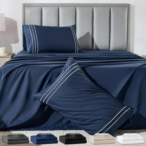 Vista 11 de Juego de sábanas tamaño individual con funda de almohada bordada, sábanas de microfibra ultrasuave de 3 piezas, comodidad de hotel de lujo, sábana