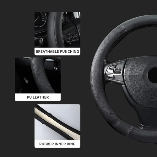 Vista 6 de Funda universal para volante de auto de 15" de piel de microfibra, ajuste universal para auto, elástica, antideslizante, transpirable y sin olor