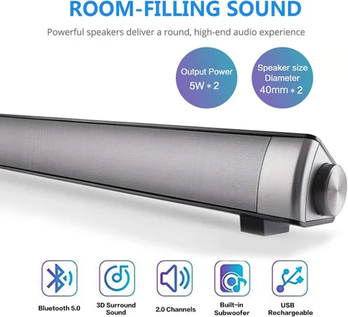 Vista 2 de TOPROAD Barra de sonido, barra de sonido con cable e inalámbrico Bluetooth 5.0, micrófono integrado, para teléfono celular/tablet/proyector