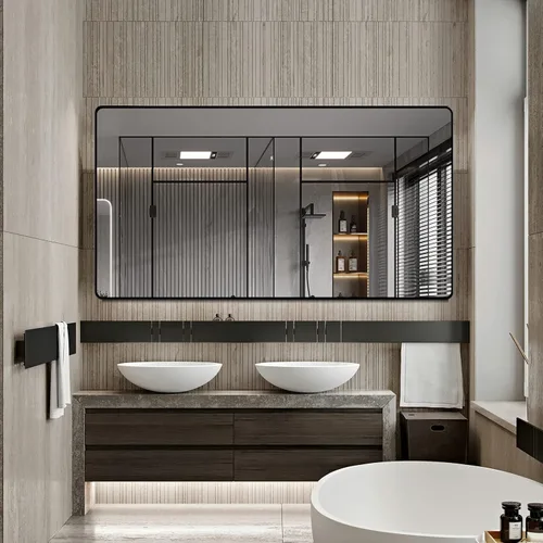 Vista 8 de Espejo de baño de 48 x 36 pulgadas con marco negro mate, espejo antioxidante montado en la pared