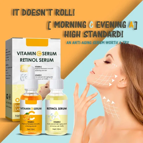 Vista 5 de Suero de vitamina C y suero de retinol, juego de suero antienvejecimiento con ácido hialurónico - Mañana C y noche Un suero para el cuidado facial