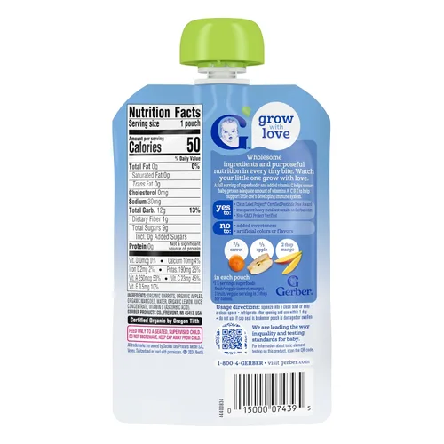 Vista 2 de Gerber Alimento para bebés etapa 2, mango orgánico de zanahoria y manzana, bolsas de comida para bebés, bolsas de puré, vitamina A, C y E ayuda a