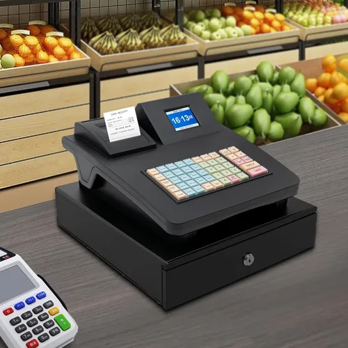 Vista 7 de Caja registradora electrónica 48Keys Registro Negro Caja de supermercado Quiosco Retail Pos Sistema Caja Registradora 8 Pantalla LED Digital Caja