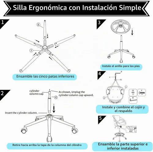 Vista 6 de Silla de dibujo ergonómica, silla de escritorio de computadora de pie, anillo de pie, soporte lumbar, silla giratoria para tareas - gris