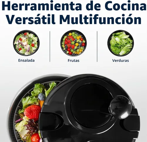 Vista 8 de Escurridor de ensalada de acero inoxidable, lavadora de verduras de 4.8 Qt, secador de lechuga sin BPA con diseño de manivela, apto para negro