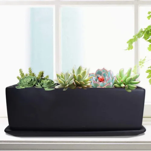 Vista 6 de Vencer Maceta rectangular moderna minimalista de cerámica para suculentas de 12 pulgadas, caja con ventana con platillo, soporte de escritorio