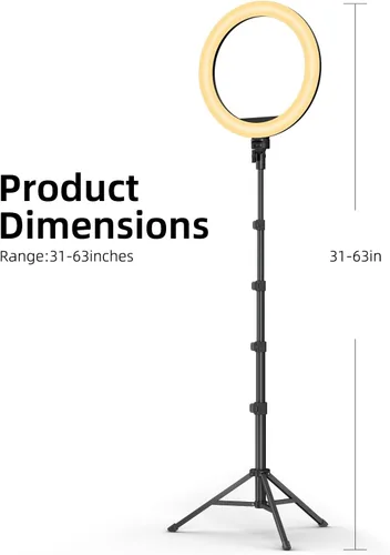 Vista 8 de TODI Anillo de luz de 12 pulgadas con soporte de trípode extensible de 63 pulgadas, anillo de luz para selfie con soporte para teléfono y control