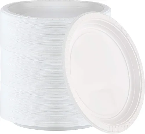 Vista 14 de PLASTICPRO Platos redondos de plástico de 7 pulgadas para microondas, desechables, color blanco, vajilla de 100