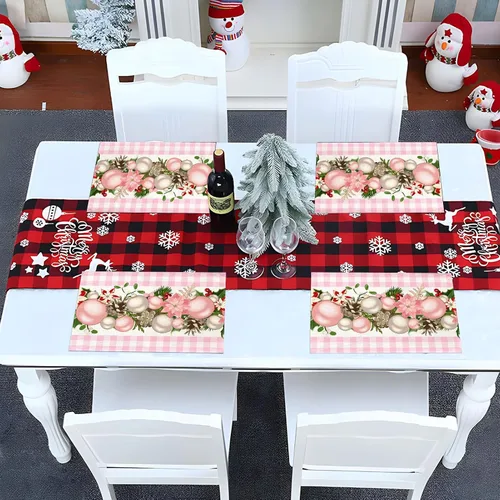 Vista 2 de Nepnuser Juego de 4 Manteles Individuales de Navidad a Cuadros Vichy y de Búfalo Rosa y Blanco, Decoración Navideña para Hogar Cocina Mesa de Comedor