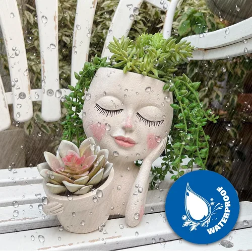 Vista 5 de Maceta con Rostro - Macetas Dobles para Plantas de Interior y Exterior, Resina, Cabeza de Planta con Agujero de Drenaje, Linda Cara de Dama, Macetas