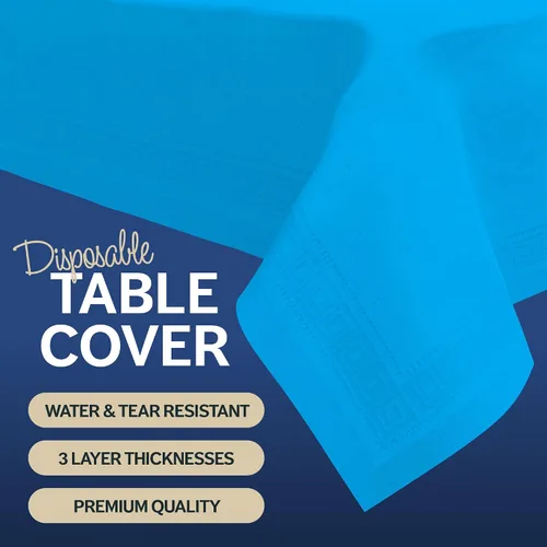 Vista 3 de HOUZZKINGZ USA Manteles de papel azul, 54 x 108 pies, paquete de 4 manteles de papel y plástico de alta calidad de 3 capas para fiestas, desechables