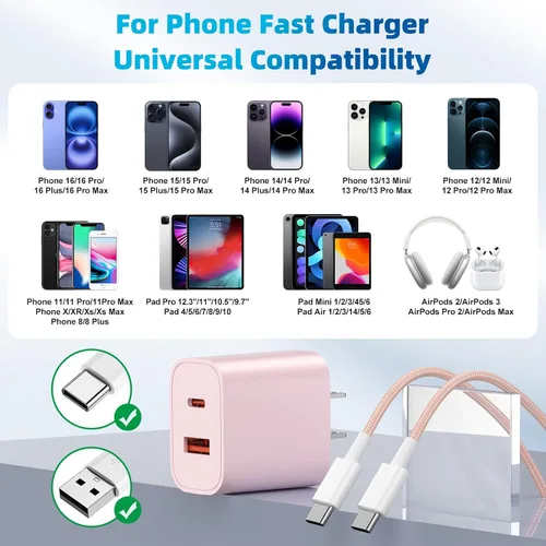 Vista 10 de Para iPhone 17 16 15 Cargador de carga rápida, paquete de 4 unidades de doble puerto de 20 W USB C Charger Block with 6FT USB-C to C Cable Type C