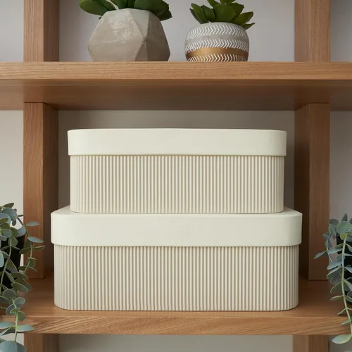 Vista 7 de Cajas de almacenamiento decorativas con tapas: juego de 2 hermosos cubos organizadores de cartón acanalado para la decoración de estanterías de tu