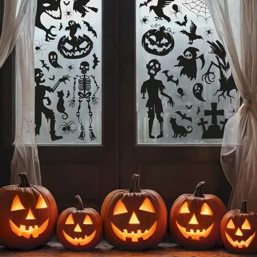 Vista 4 de WALPLUS Decoración de Halloween para ventana, de doble cara, reutilizable, desprendible y pega, extraíble para cristal, sala de estar, guardería