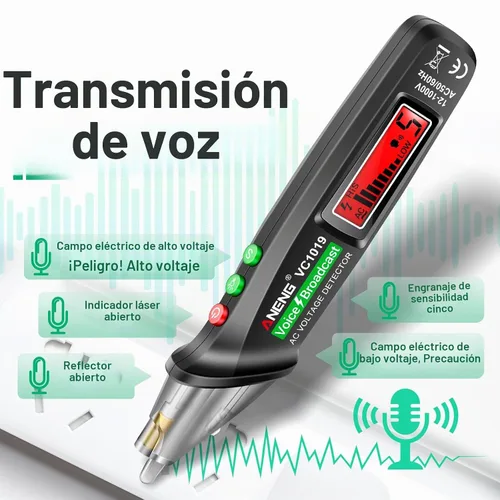 Vista 2 de ANENG - Probador de voltaje con transmisión de voz sin contacto con rango de CA 12V-1000V, herramientas eléctricas de cables vivo/nulo con pantalla