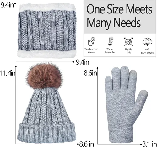 Vista 6 de Conjunto de guantes de invierno para mujer, gorro de forro polar, bufanda para pantalla táctil, guante 3 en 1