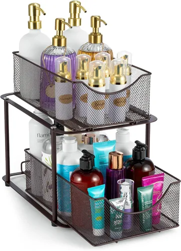 Vista 14 de Sorbus Organizador de metal para debajo del fregadero de 2 niveles para baño, cocina, cajones deslizantes de malla de acero fuerte para debajo