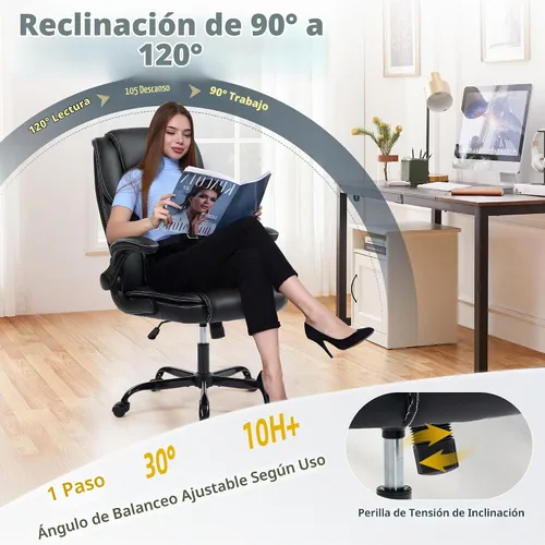 Vista 3 de Silla de oficina – Silla ejecutiva de cuero de escritorio de oficina con respaldo alto con función de balanceo – Ergonómica, transpirable, cómoda