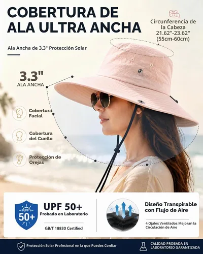 Vista 2 de Sombrero de lluvia impermeable de ala ancha para mujeres y hombres UPF50+ Rosa rubor