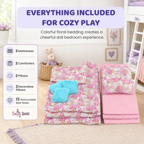 Vista 5 de Emily Rose Muebles para muñecas de 18 pulgadas, 3 camas individuales de madera apilables blancas, litera triple con (3) juegos de ropa de cama
