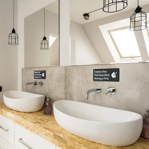 Vista 4 de Cartel de "Employees Must Wash Hands", paquete de 3, 3 x 9 pulgadas, perfecto para paredes, puertas o fregaderos en servicio de alimentos, baños