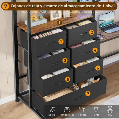 Vista 4 de DICTAC Cama alta individual con escritorio en forma de L y 7 cajones de almacenamiento, cama alta de metal tamaño individual para niños con luces