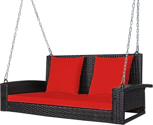 Vista 12 de Tangkula Columpio de Mimbre para Porche de 2 Personas, Patiojoy Banco Colgante de Ratán para Exteriores con 2 Cojines de Respaldo y 1 Cojín