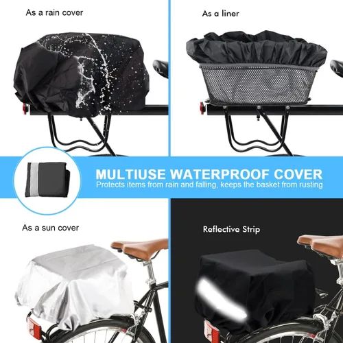 Vista 5 de Cesta de bicicleta trasera, [instalación sin herramientas], cesta de bicicleta para mascotas para estante trasero de carga, con cubierta